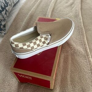 Vans Kids Slip-On Checkerboard Canvas Shoe in Tan and White